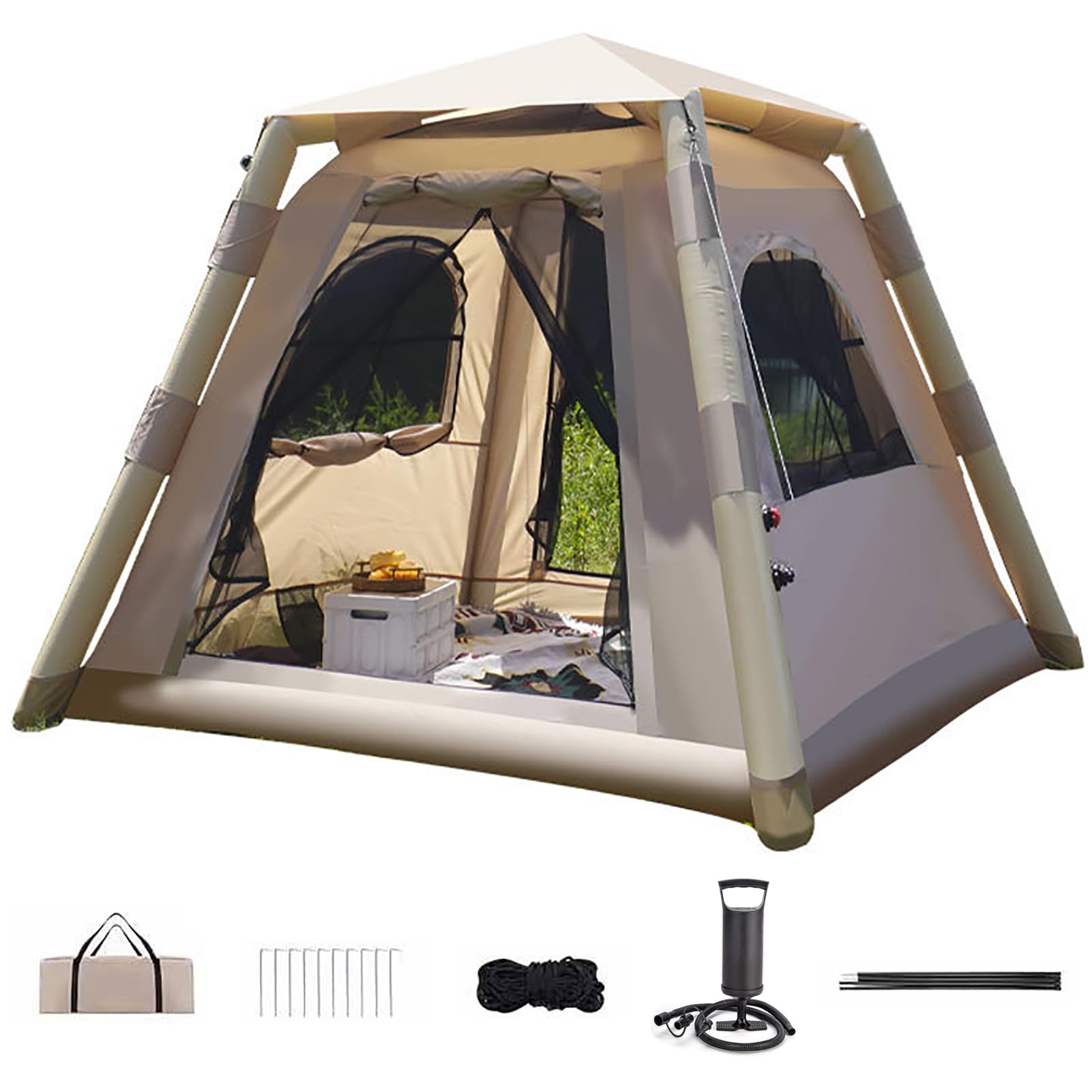 4-personen-zelt-aufblasbar-365hva.jpg Kabxhueo Aufblasbare Zelt mit Pumpe 4 Personen Zelte für Camping Campingzelt Glamping Zelte große Familie Kuppelzelt Wasserdicht mit 4 Mesh Fenster & Türen einfache Einrichtung für Wandern Backpacking : Amazon.de: Sport & Freizeit – Bild 1