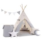 Rainbow Kids Tipi Zelt Kinderzelt "Grauer Wolf" in Grau mit Zubehör, (8 tlg., mit 4 Kissen, Bodenmatte, Spielzeugkorb und Wimpelkette), Perfektes Spielzelt & Unterschlupf für Kinder, 110 x 110 x 160cm
