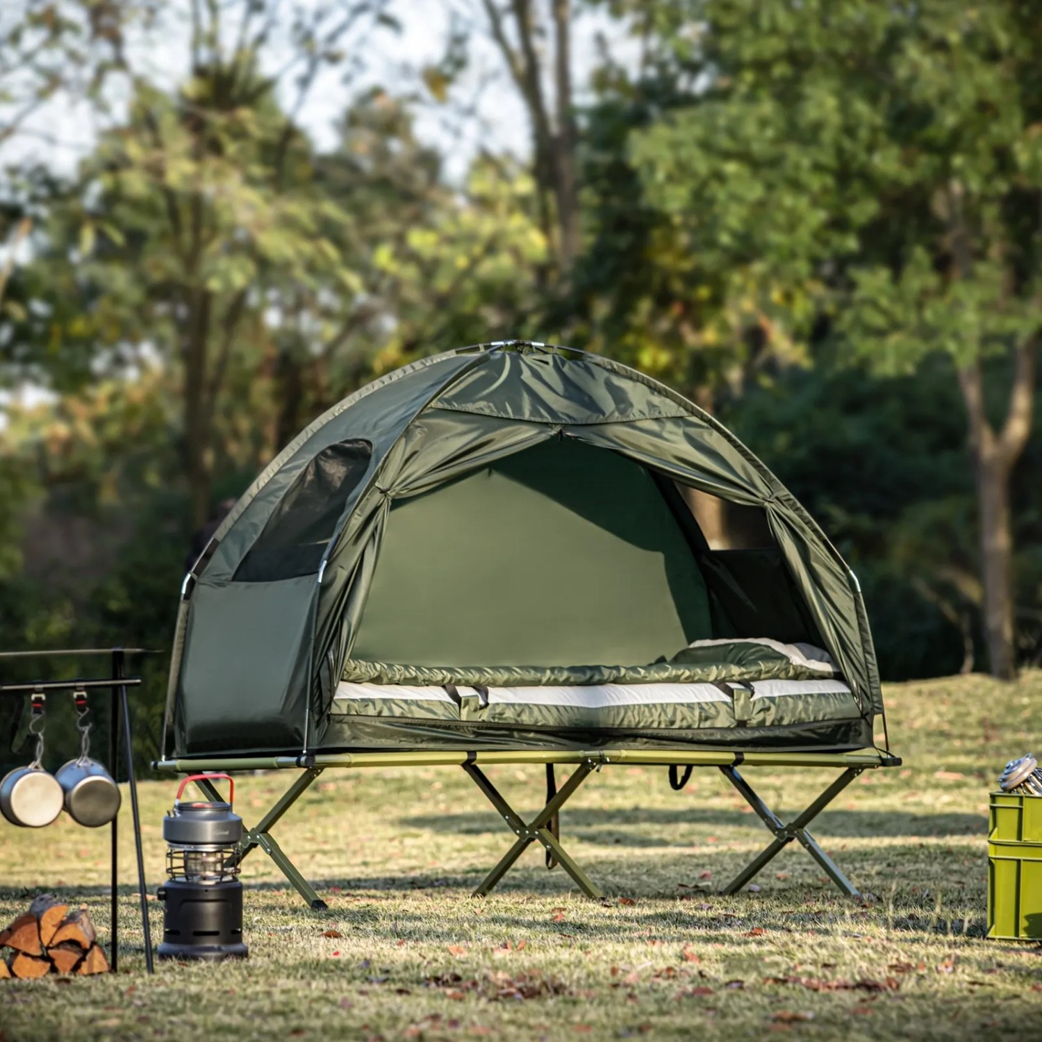 zelt-mit-feldbett-810pfs.jpg SoBuy Feldbett 4in1 Zelt mit Campingliege Grün OGS32 GR – Bild 1